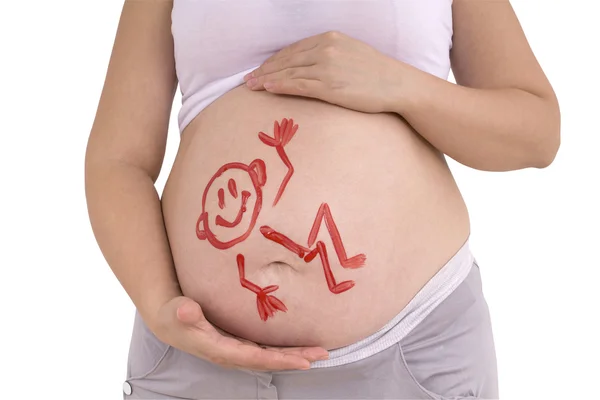 Zeichnung auf dem Schwangerschaftsbauch (Clipping path)) — Stockfoto