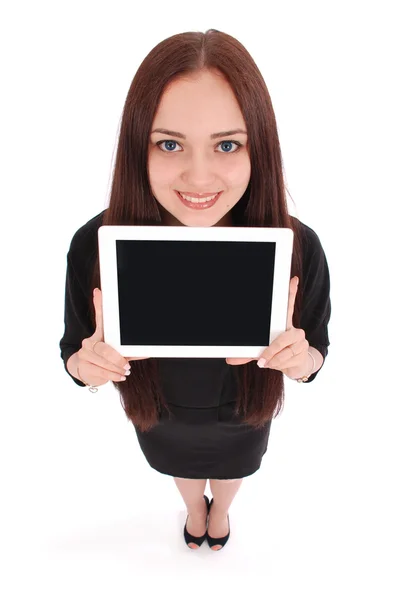 Nöjd student tonårsflicka med TabletPC — Stockfoto