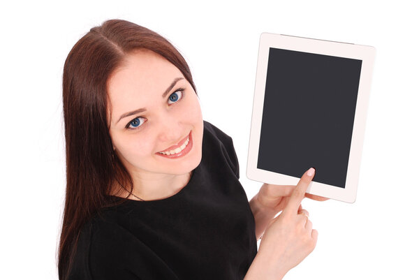 Smiling student teenage girl showing a tablet display applicatio