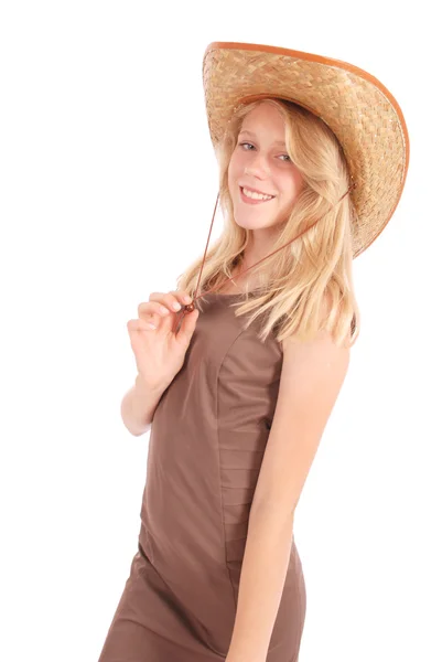 十三岁漂亮女孩戴着大软盘草帽太阳帽子 — 图库照片