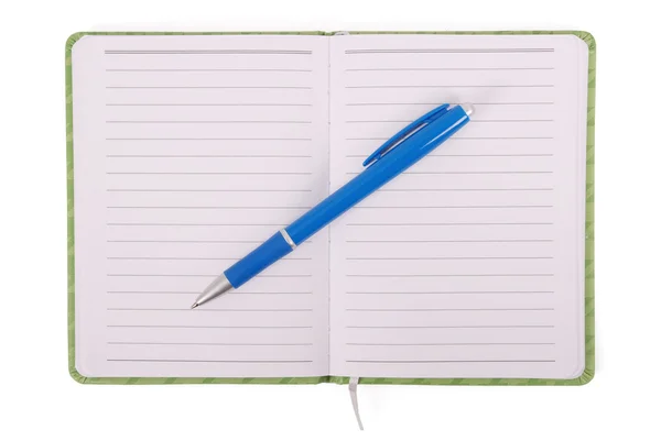 Zöld notebook és kék fogantyú — Stock Fotó