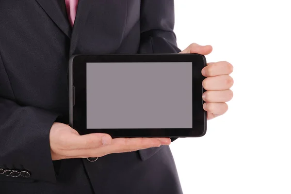 Boy v černém obleku držení počítače tablet Pc — Stock fotografie
