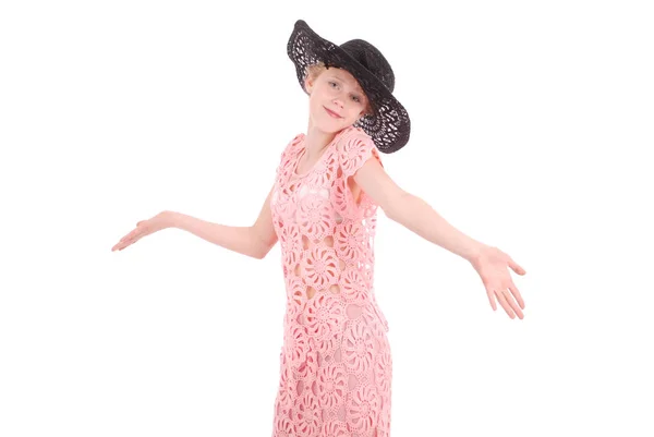 Beautiful young girl in black hat on his head — Stock Photo, Image