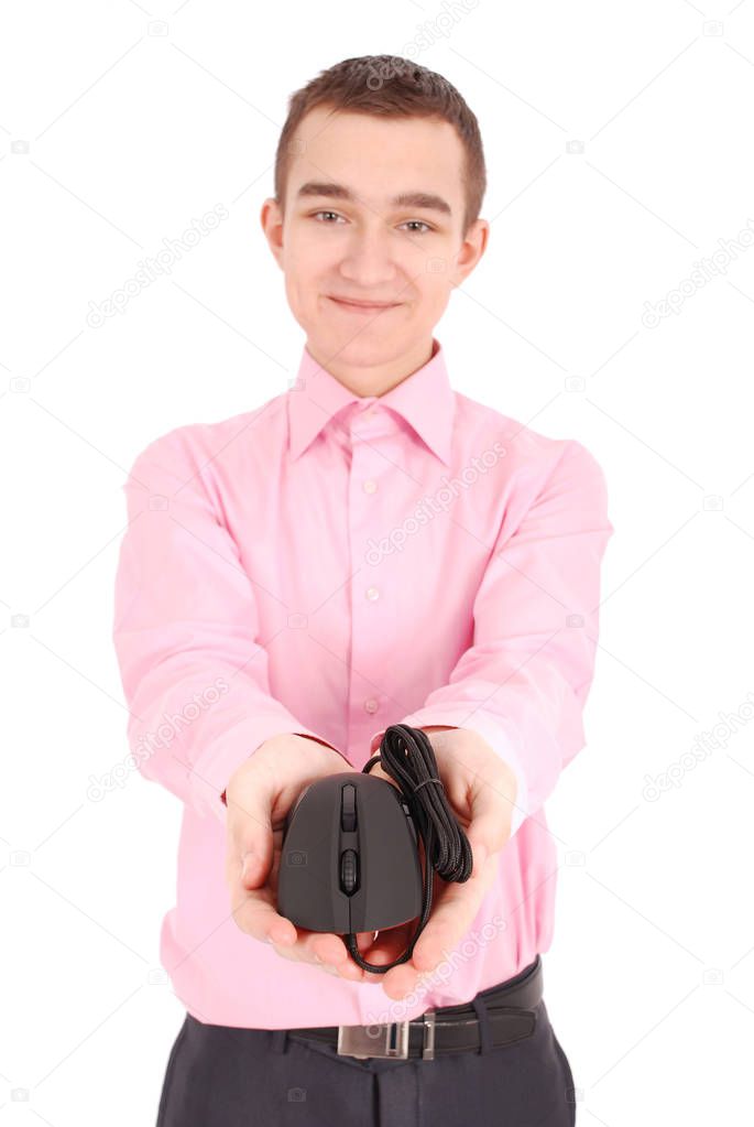 Young man holds in his hand black computer optical mouse