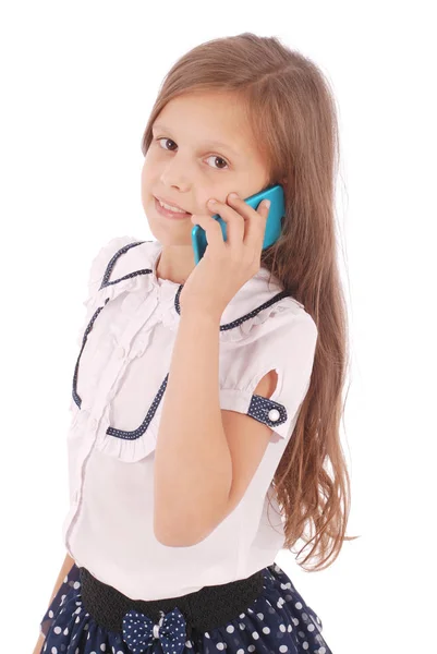 Portrait of beautiful happy young girl talking on smartphone — Stock Photo, Image