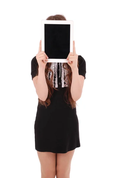 Menina mantém tablet pc na frente da cara — Fotografia de Stock
