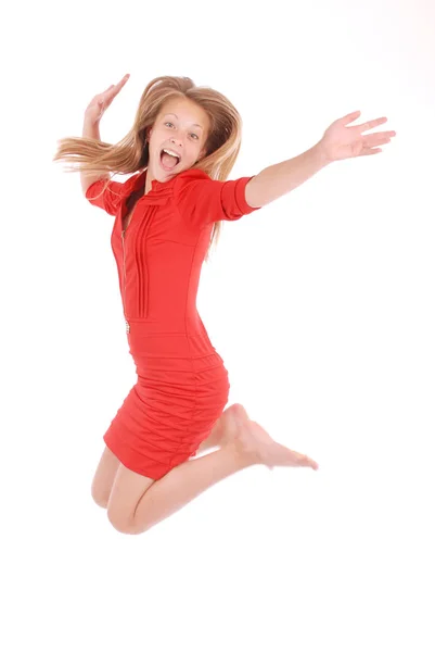 Cheerful young girl jumping — Stock Photo, Image