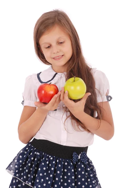 Menina bonita feliz segurando duas maçãs — Fotografia de Stock