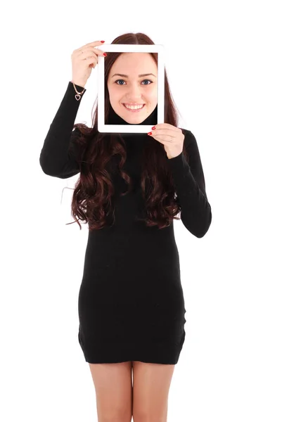 Chica con tableta digital haciendo autofoto divertida — Foto de Stock