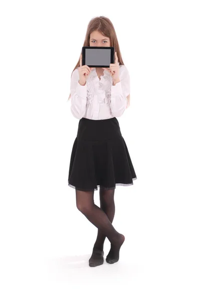 아름 다운 젊은 여 자가 디지털 태블릿을 들고 — 스톡 사진