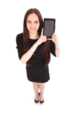 Mutlu öğrenci genç kız görünümünden yukarıdaki ve bir tablet gösterilen 