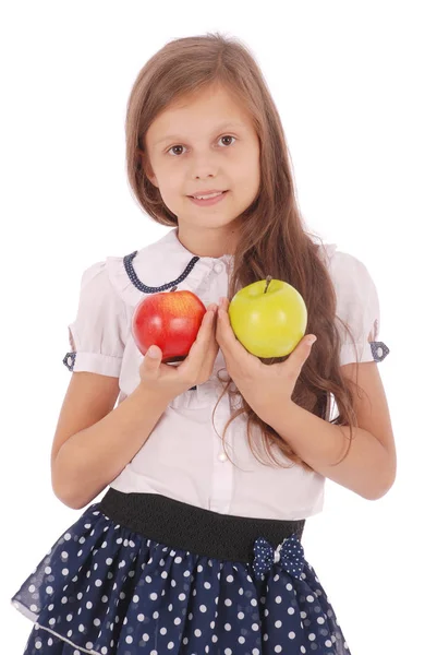 Joyeux belle fille tenant deux pommes — Photo