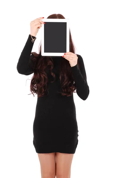 Girl keeps tablet pc the face — Stock Photo, Image