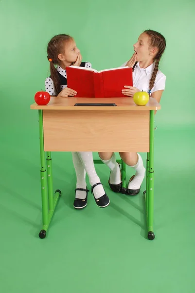 Dos colegialas compartiendo secretos sentadas en un escritorio del libro —  Fotos de Stock