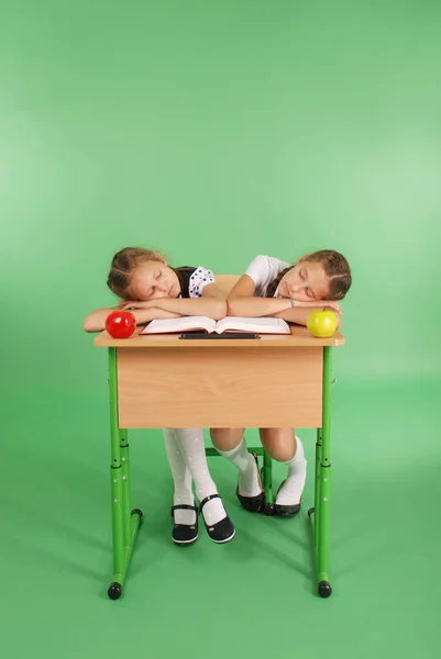 Duas meninas da escola dormindo em uma pilha de livros em sua mesa — Fotografia de Stock