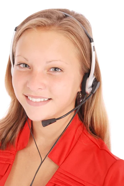 Belle fille étudiante opérateur de service à la clientèle avec casque — Photo