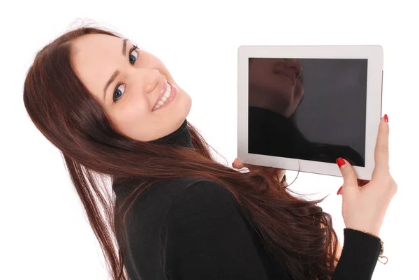 Heureuse adolescente étudiante avec tablette pc — Photo