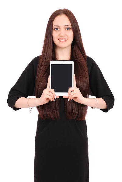 Adolescente chica sostiene tableta ordenador — Foto de Stock