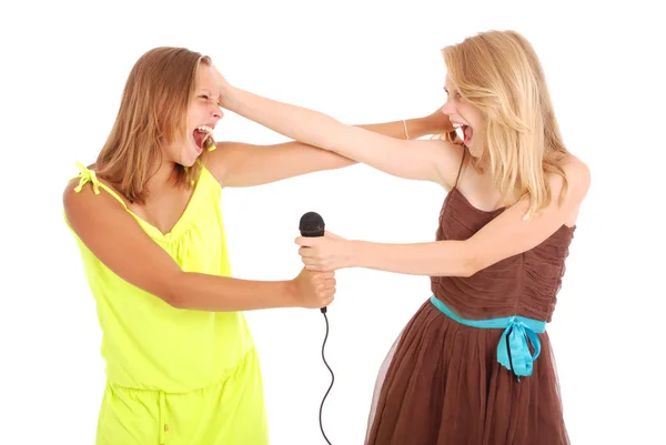 Two beautiful singer teenanger girl singing with microphone — Stock Photo, Image