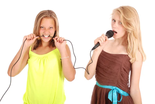 Young beautiful teenage girl conducts interviews with the singer Royalty Free Stock Photos