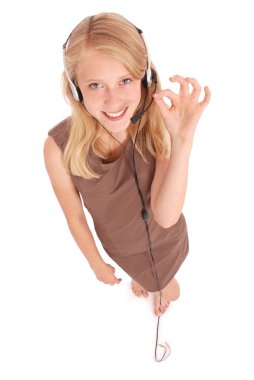 Güzel müşteri hizmeti operatör öğrenci kız kulaklık ile