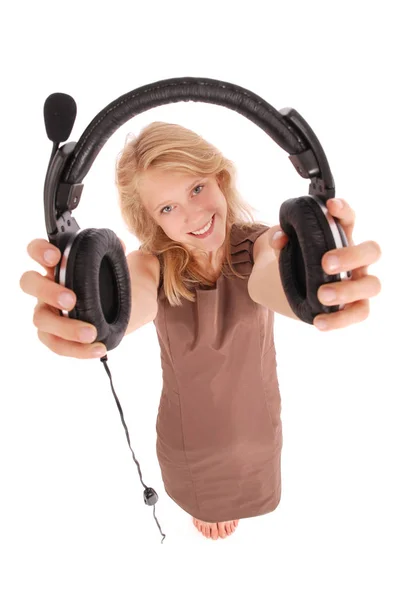 Hermosa chica estudiante operador de servicio al cliente con auriculares — Foto de Stock