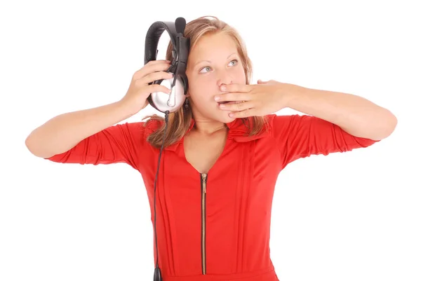 Chica encantadora escuchando una música con auriculares — Foto de Stock