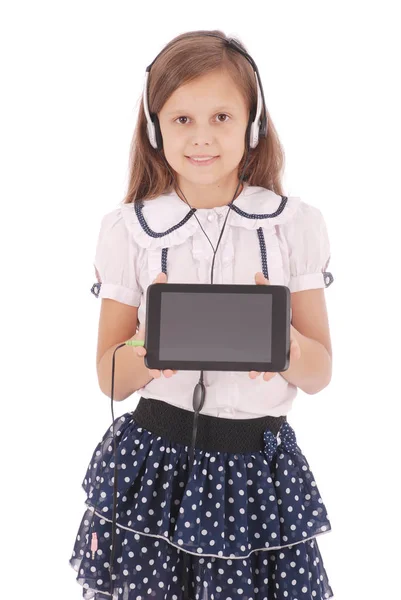 Piękny słodkie happy młoda dziewczyna z słuchawki i tablet pc — Zdjęcie stockowe