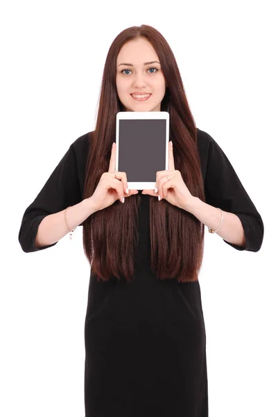 Genç kız tablet bilgisayar tutar — Stok fotoğraf