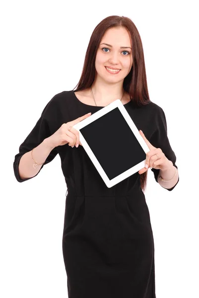Feliz estudiante adolescente mantiene tableta pc — Foto de Stock