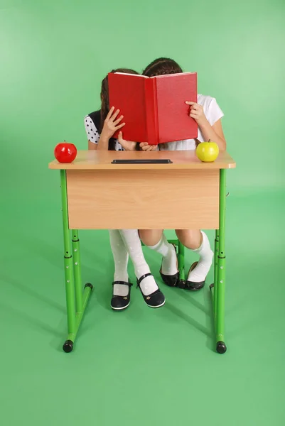 Két iskolás lány ült egy asztal, könyv titkok megosztása — Stock Fotó