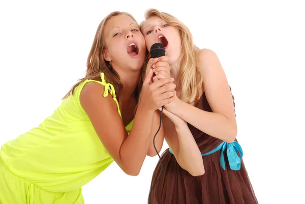 Two beautiful singer teenanger girl singing with microphone Stock Picture