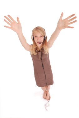 Güzel müşteri hizmeti operatör öğrenci kız kulaklık ile