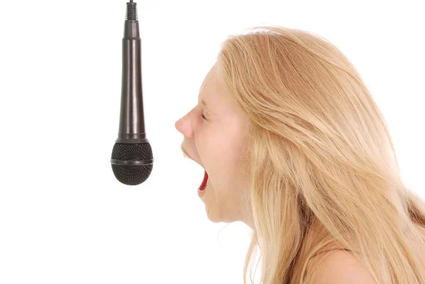 Happy young beautiful girl singing with microphone — Stock Photo, Image