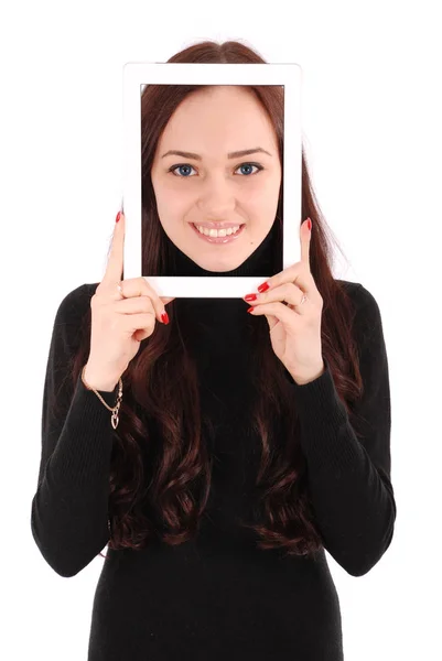Dijital tablet selfie yapma portre gülümseyen genç kızla — Stok fotoğraf