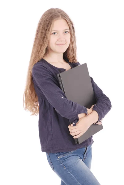 Mosolygó diák tizenéves lány laptop — Stock Fotó