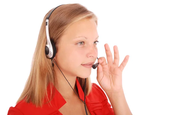 Hermosa chica estudiante operador de servicio al cliente con auriculares — Foto de Stock