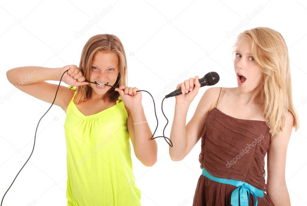 Young beautiful teenage girl conducts interviews with the singer