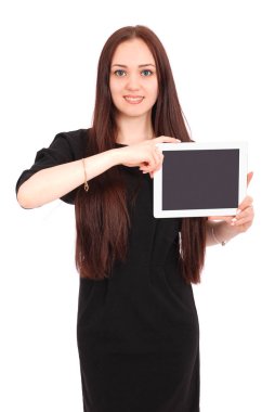 Tablet pc ile mutlu öğrenci genç kız.
