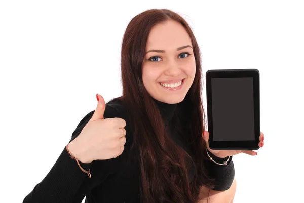 Feliz estudiante adolescente con la tableta PC, sosteniendo el pulgar hacia arriba . — Foto de Stock