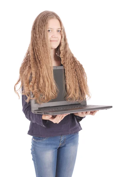 Smiling student teenage girl with laptop — Stock Photo, Image