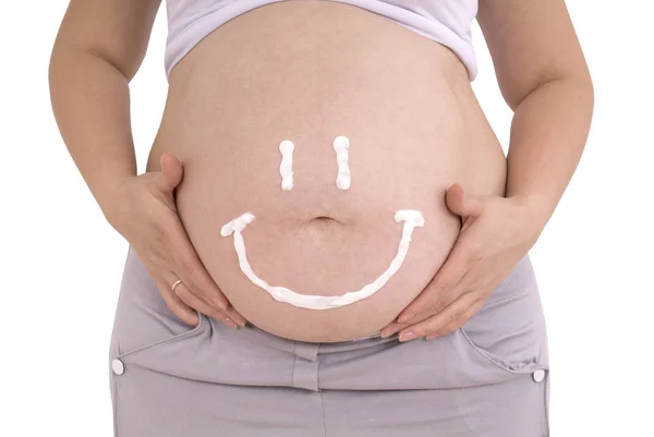 Bauch schwanger Frau. Pflege für schwangere Bauchhaut (Clipping Pat) — Stockfoto