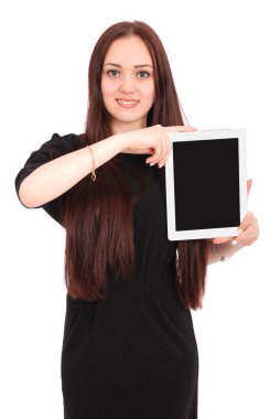 Tablet pc ile mutlu öğrenci genç kız.