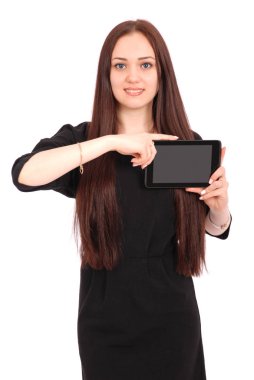 Tablet pc ile mutlu öğrenci genç kız.