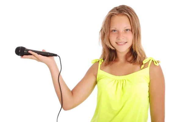 Menina adolescente bonita com microfone — Fotografia de Stock