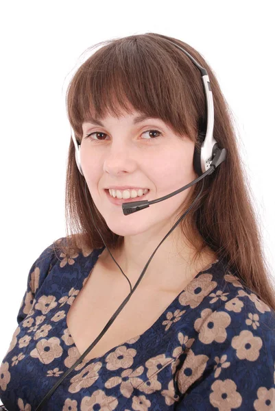 Güzel müşteri hizmeti operatör öğrenci kız kulaklık ile — Stok fotoğraf