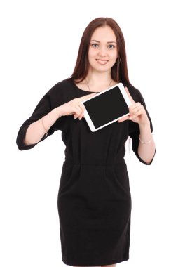 Mutlu öğrenci genç kız tablet pc tutar