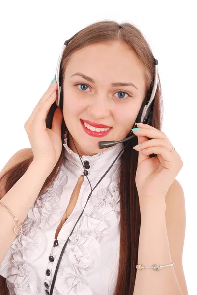 Mooie klant dienst exploitant student meisje met headse — Stockfoto