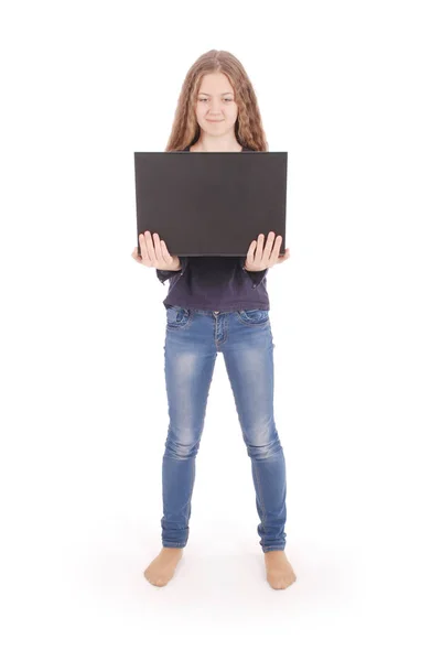 Smiling student teenage girl with laptop — Stock Photo, Image