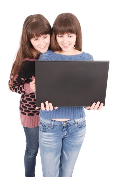 Dizüstü bilgisayar ile iki ikiz kız portresi — Stok fotoğraf